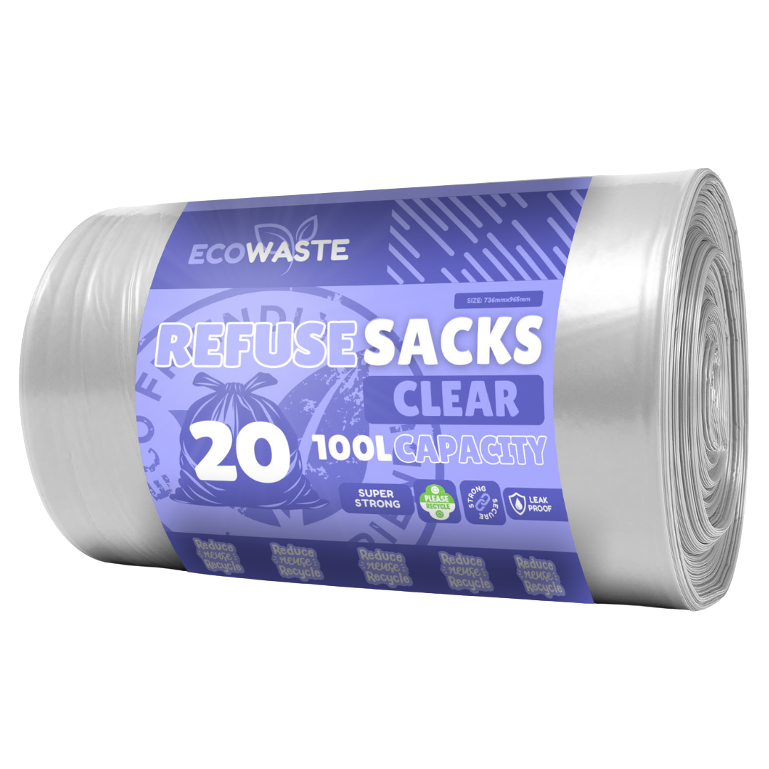 Ecowaste | 20 Clear Super Strong Refuse Sacks, Bin Bags - 100L