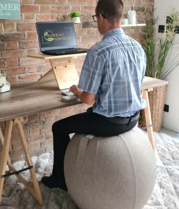 Offre Duo : Ballon d’assise et support ordinateur assis debout en bois