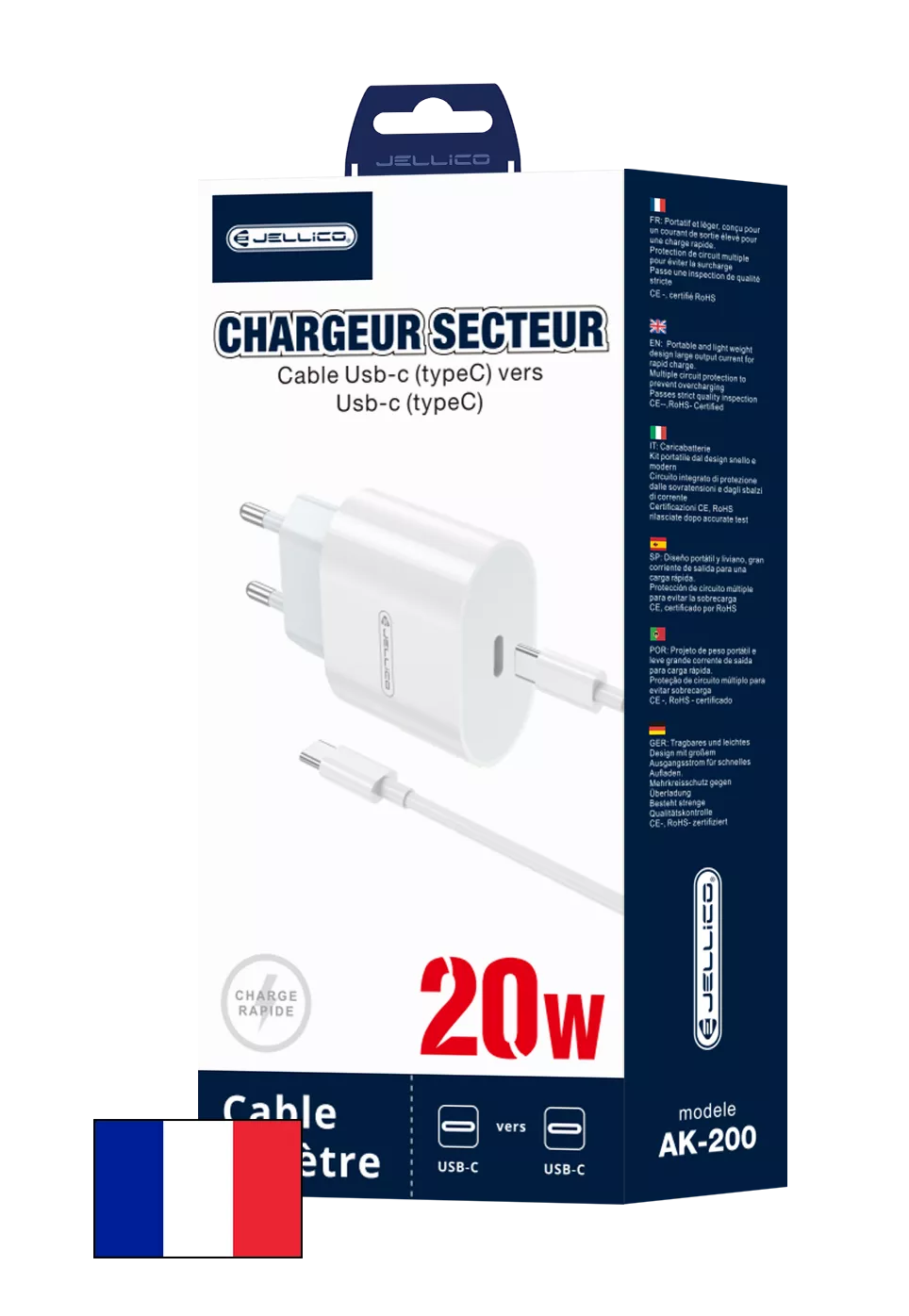 Adaptateur secteur USB-C avec cable USB-C/Type C vers Type C (20W) JELLICO AK200 blanc