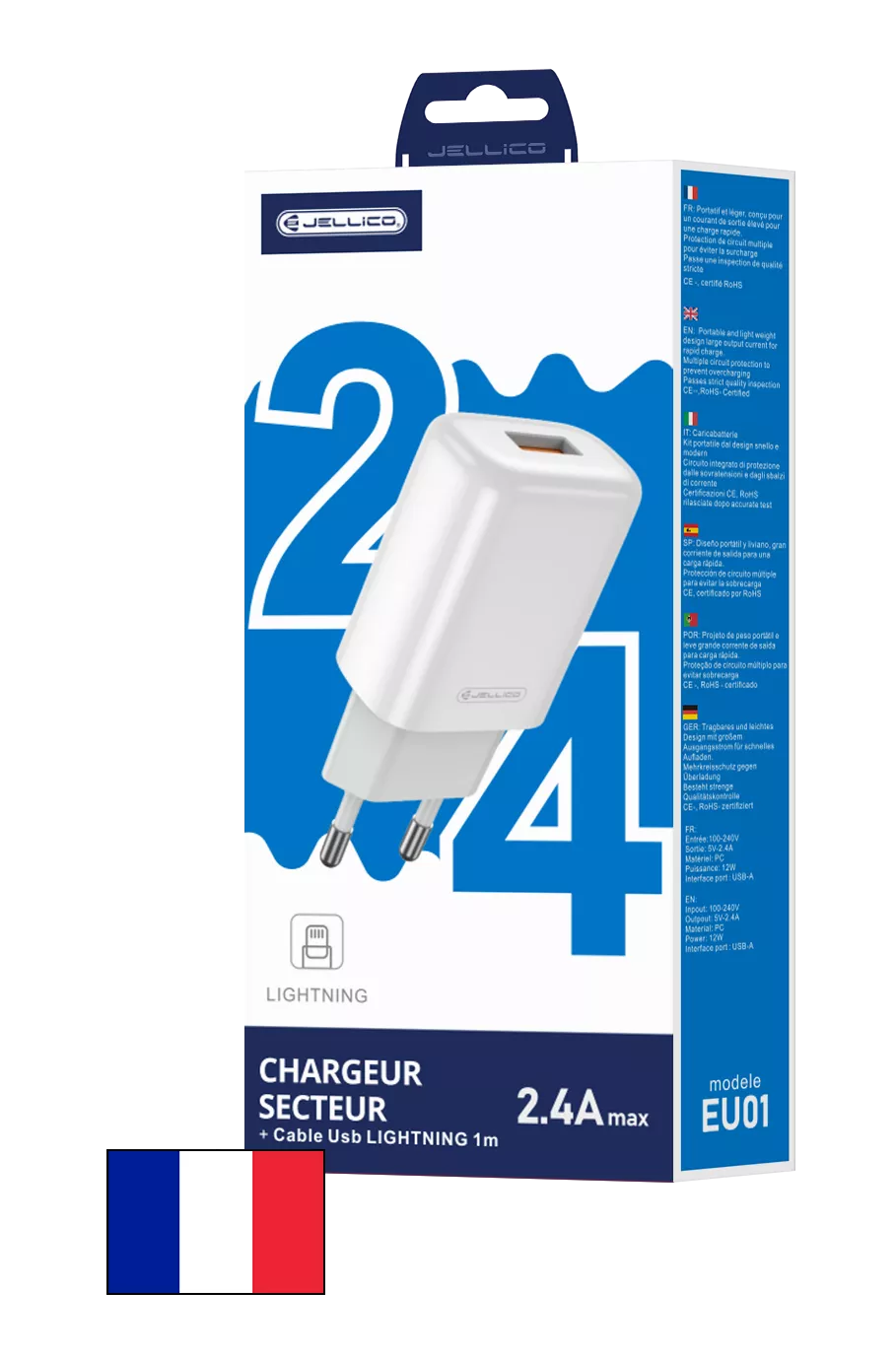 Adaptateur secteur USB avec cable USB vers USB-C (2.4 A) JELLICO EU01 blanc