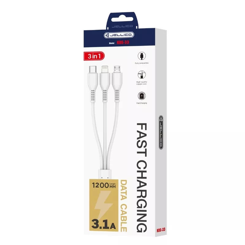 Cable USB 3 en 1 (USB-C/Type C, Lightning, Micro USB) JELLICO KDS-33 blanc