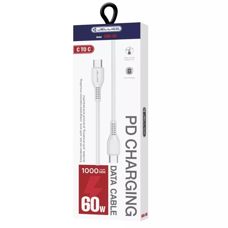 Cable USB-C/Type C vers USB-C/Type C (60W) 1 mètre JELLICO KDS-30 blanc