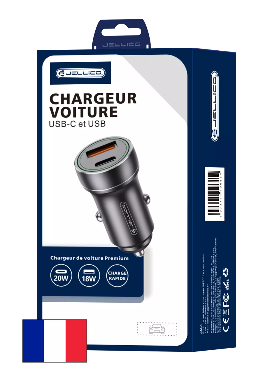 Adaptateur secteur double ports USB (18W) + USB-C/Type C (20W) voiture JELLICO F4 noir