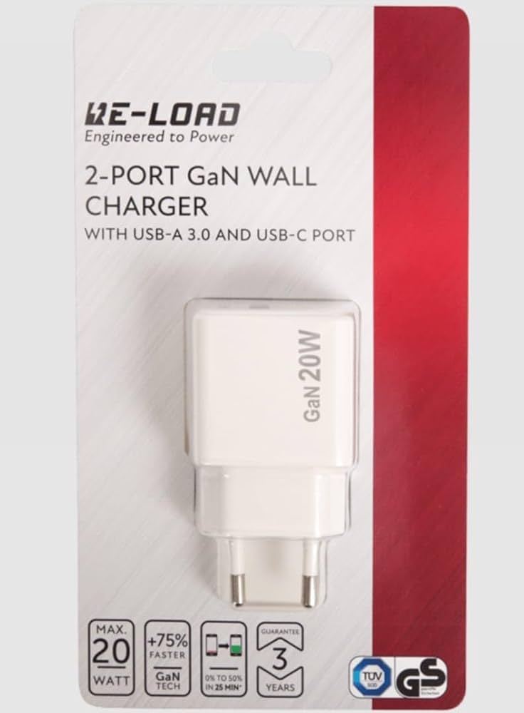 re load 2 port gan wall charger black or white