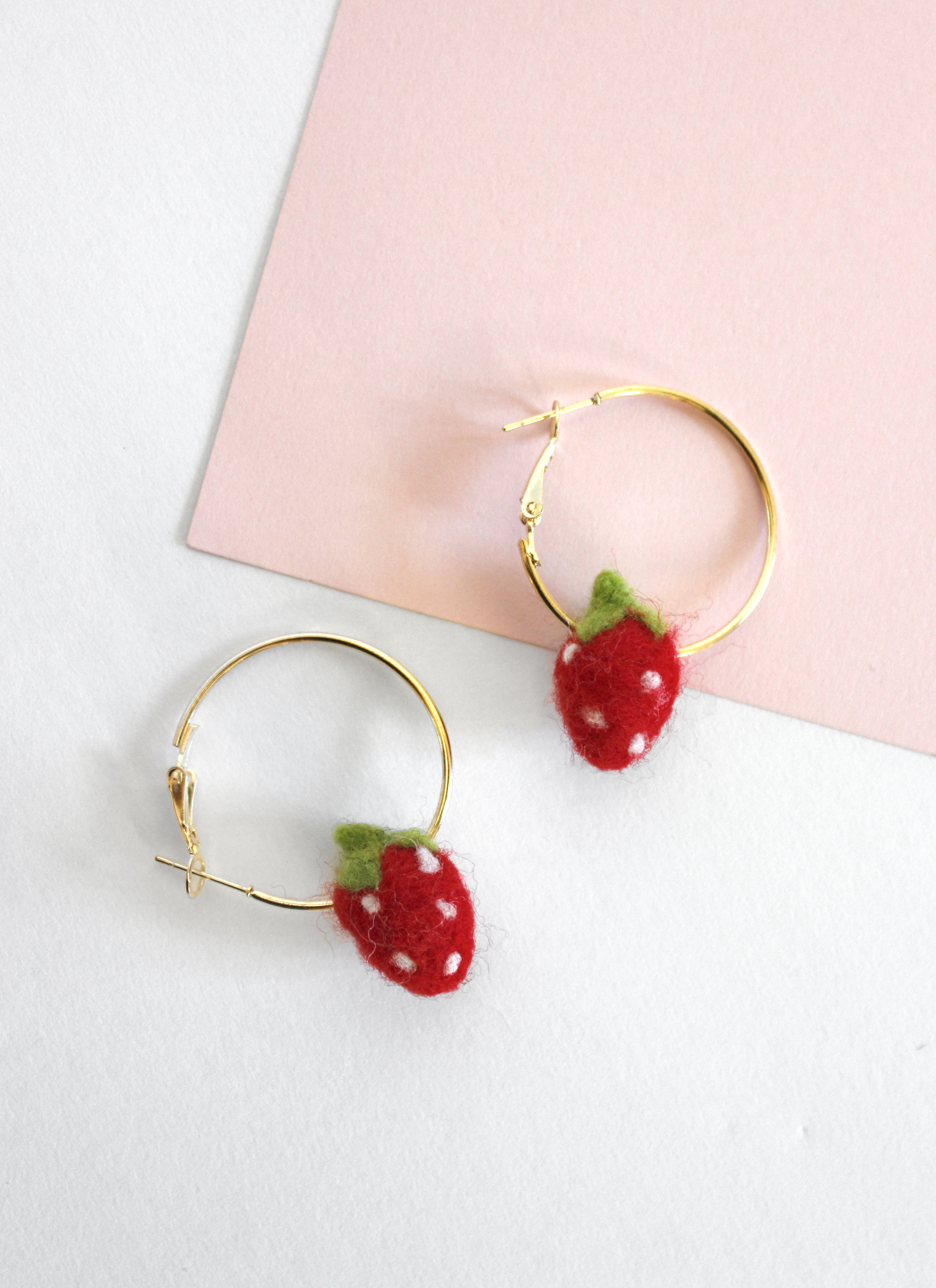 Strawberry Hoop Felted Earrings
