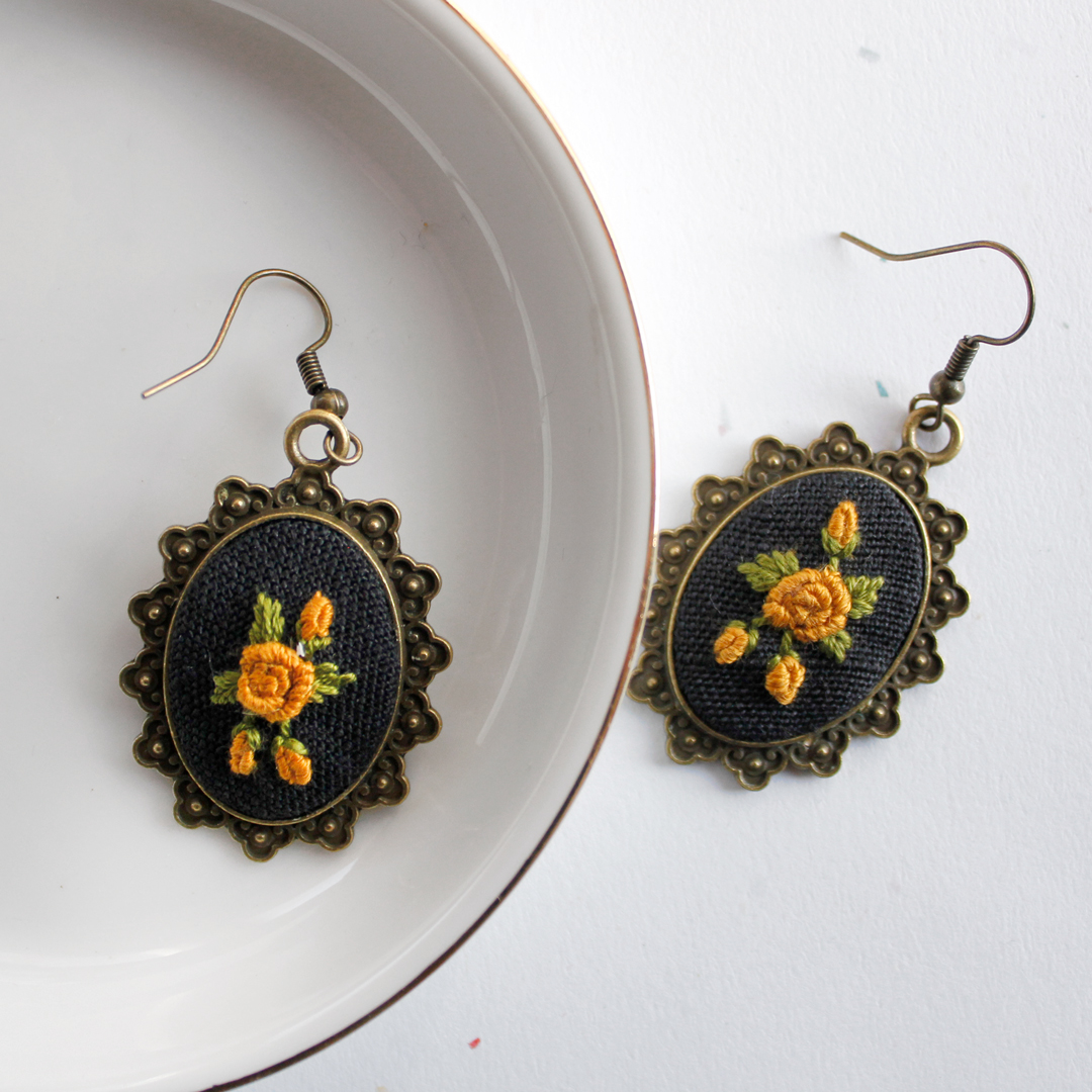 Yellow Rose Embroidered Earrings