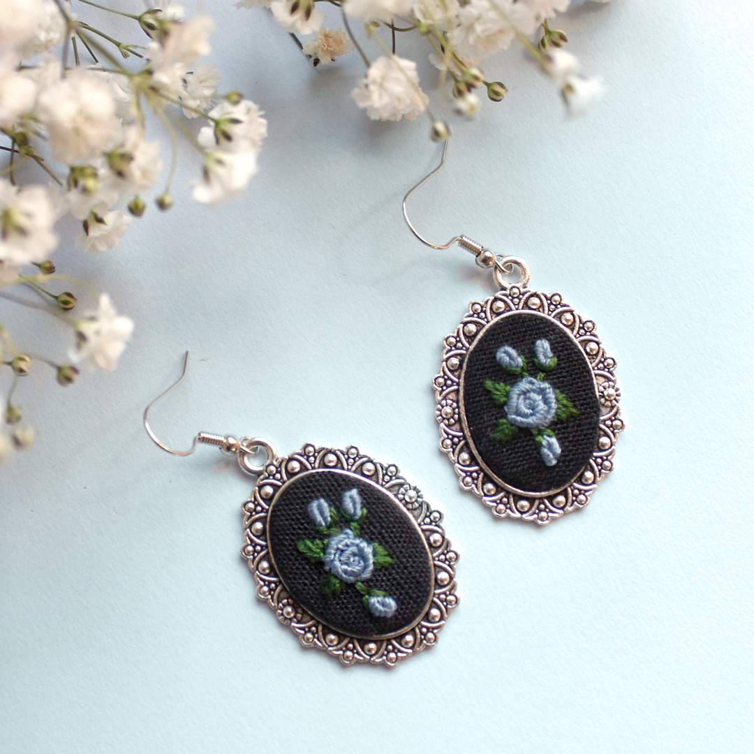 Blue Rose Embroidered Earrings