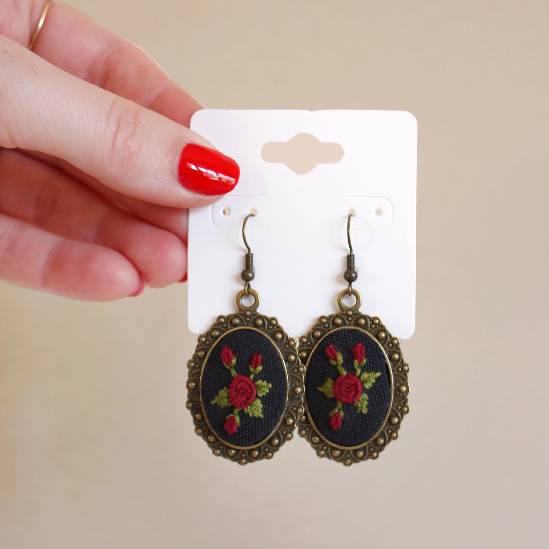 Red Rose Embroidered Earrings