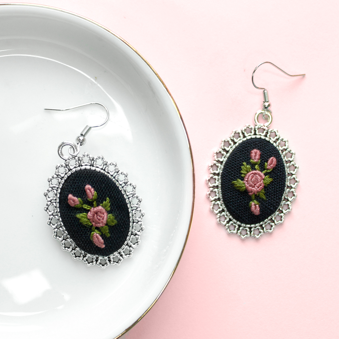 Pink Rose Embroidered Earrings