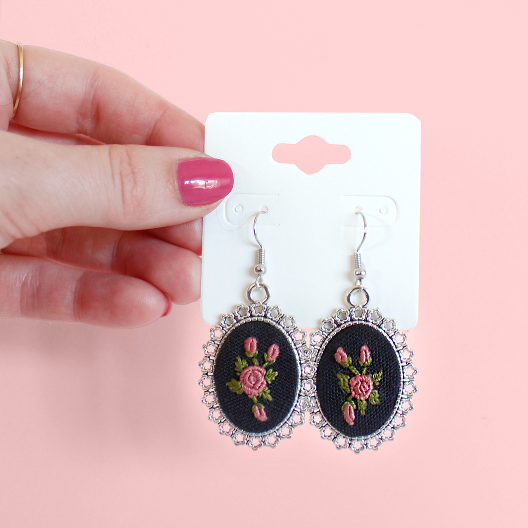 Pink Rose Embroidered Earrings