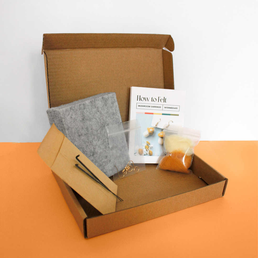 DIY Felting Kit: Gold Mushroom Earrings