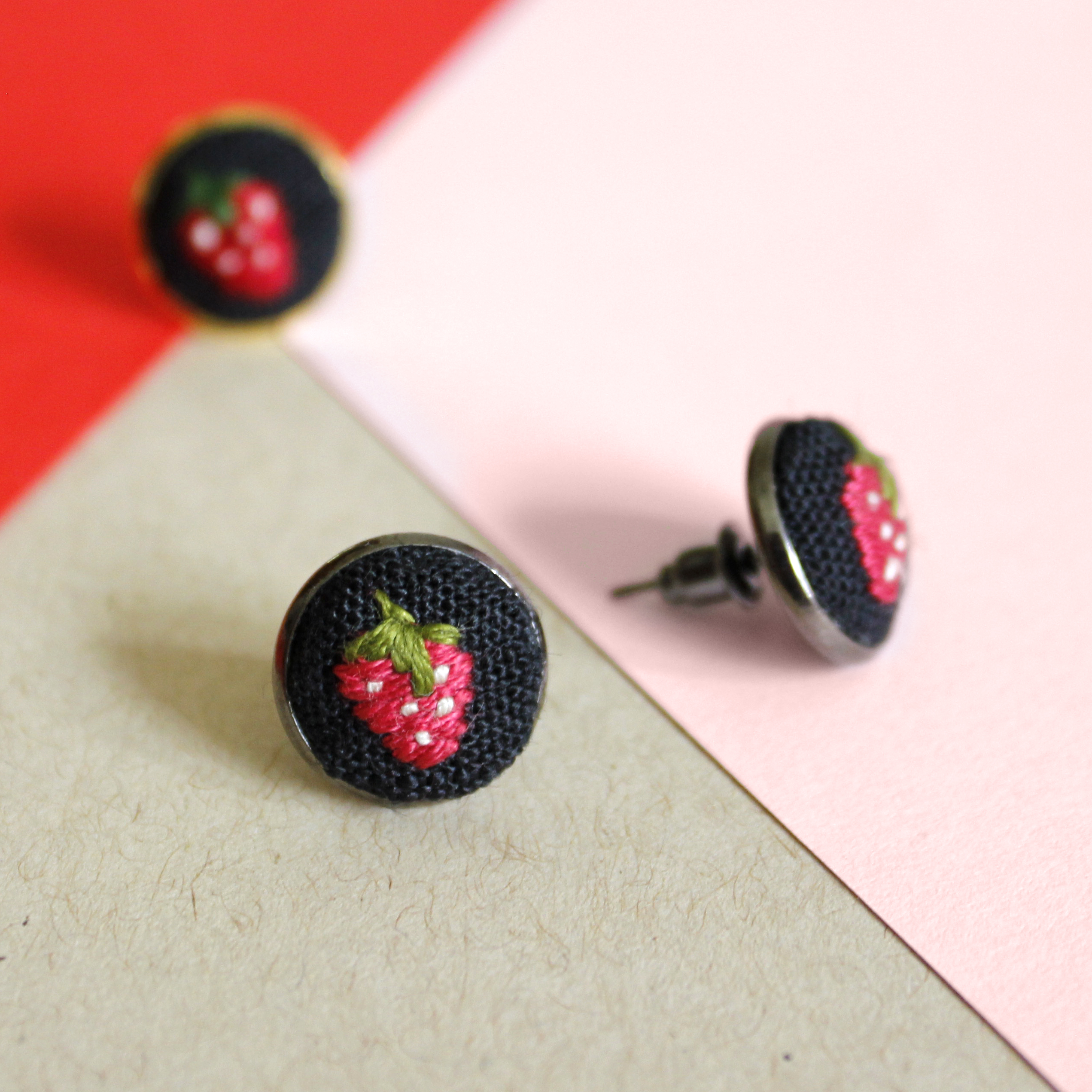 Strawberry Embroidered Stud Earrings