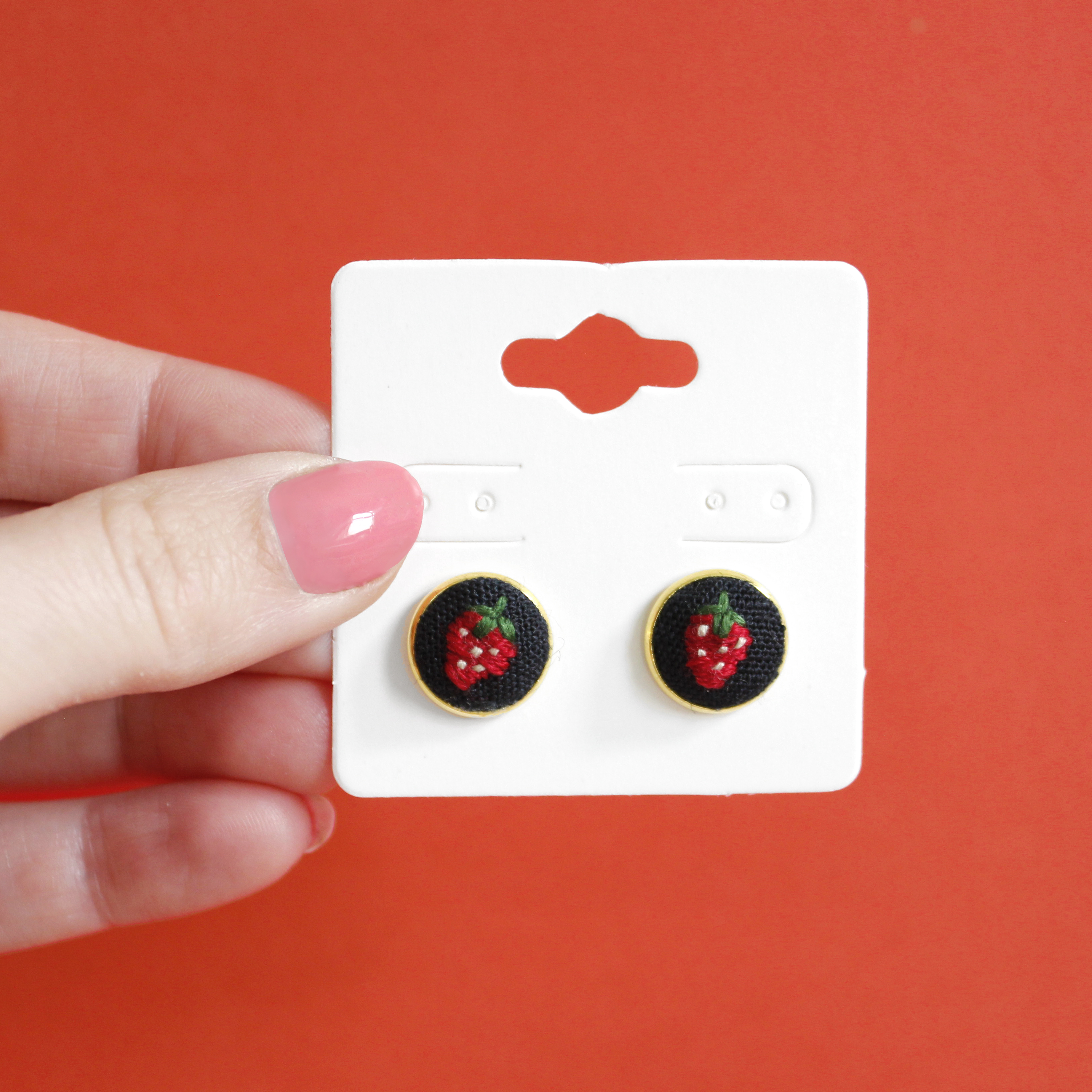 Strawberry Embroidered Stud Earrings
