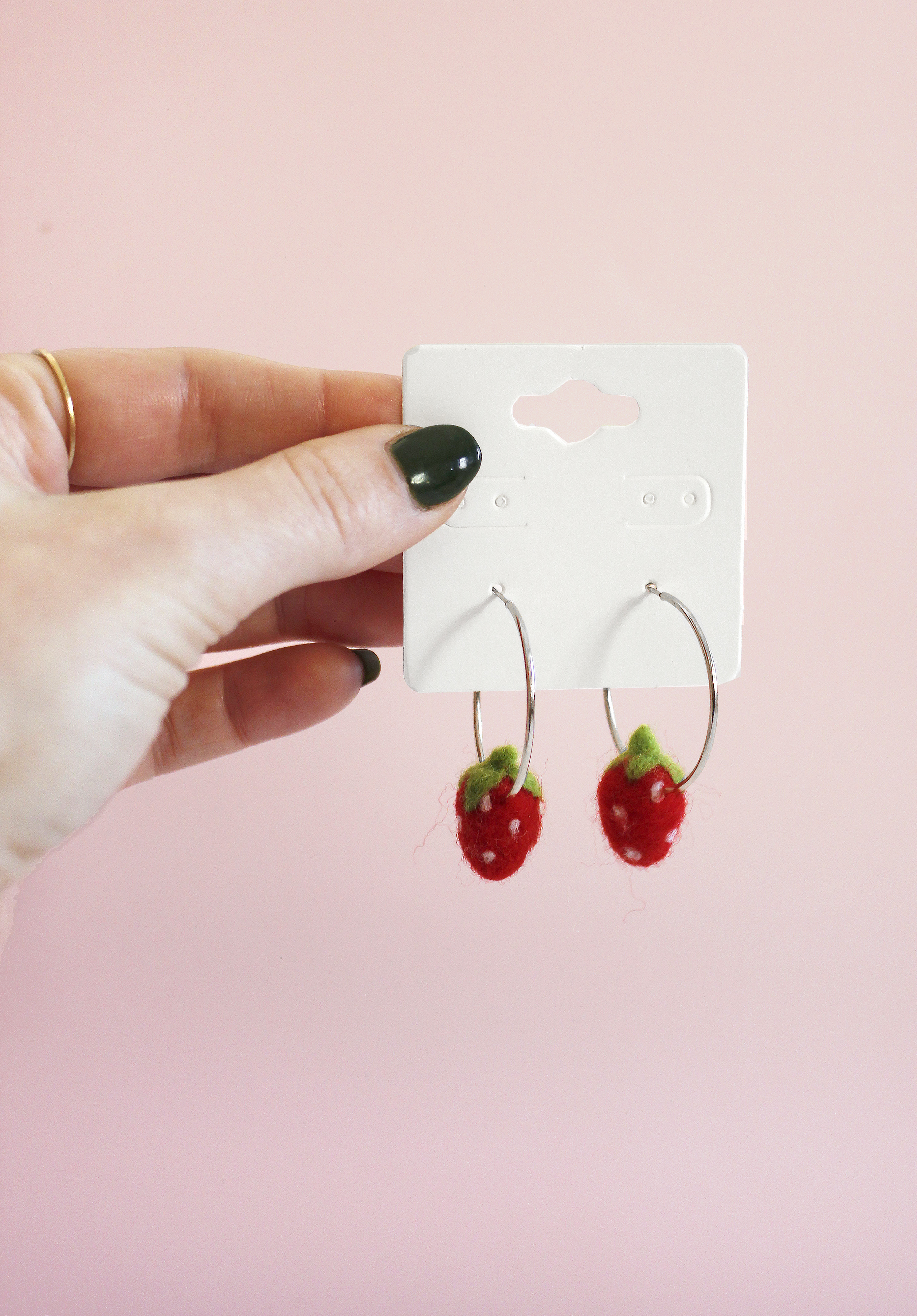 Strawberry Hoop Felted Earrings