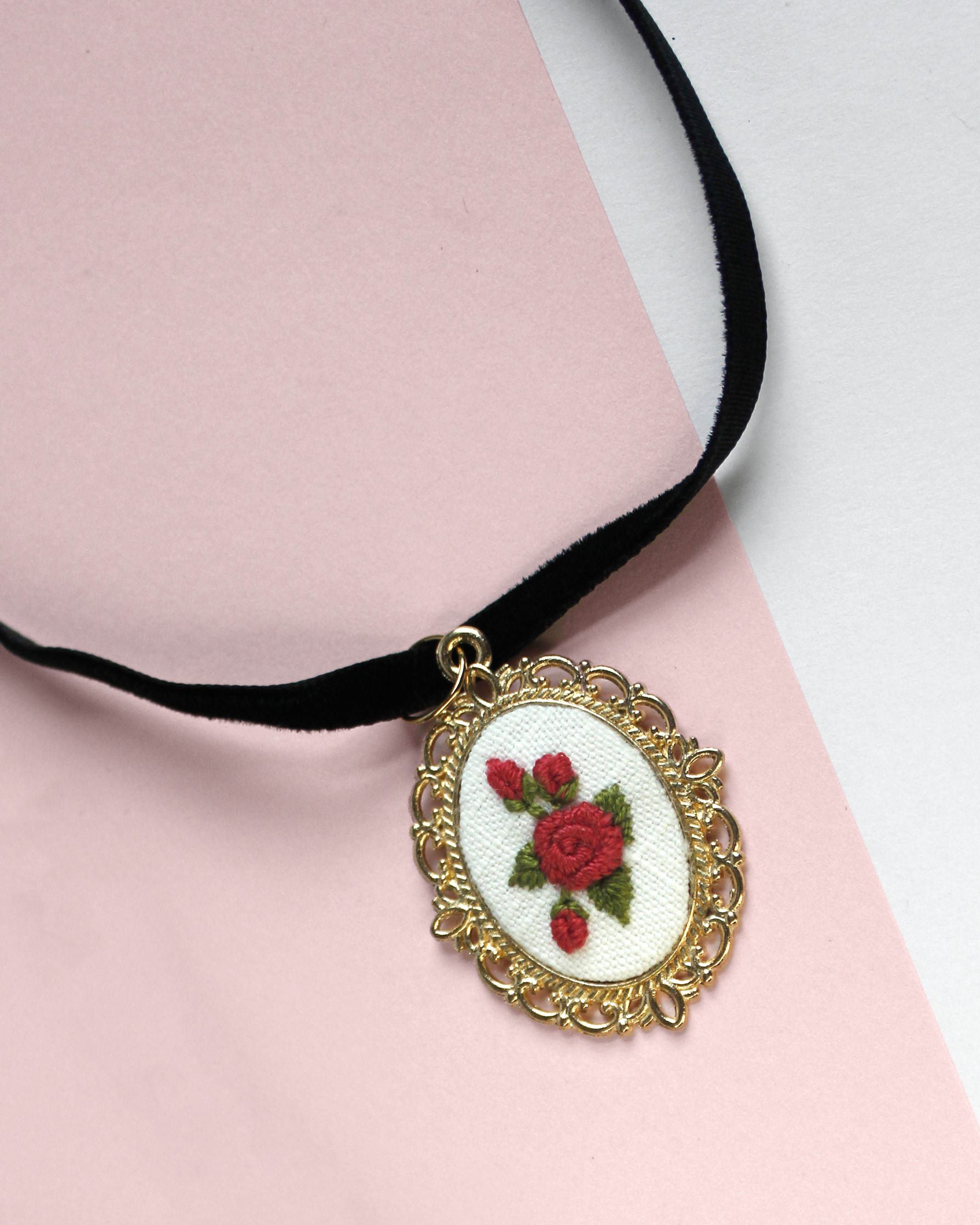 Embroidered Pink Rose Choker Necklace