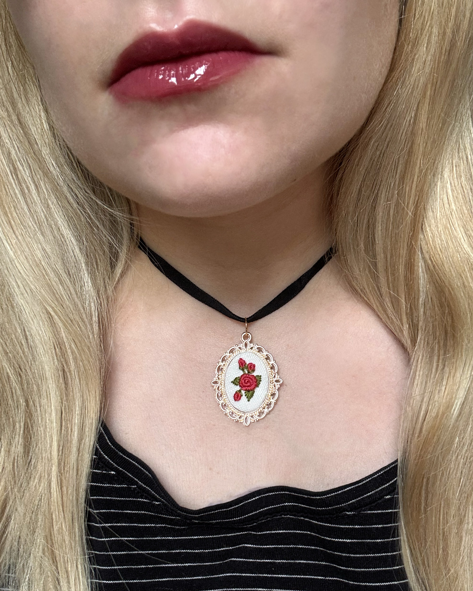 Embroidered Pink Rose Choker Necklace