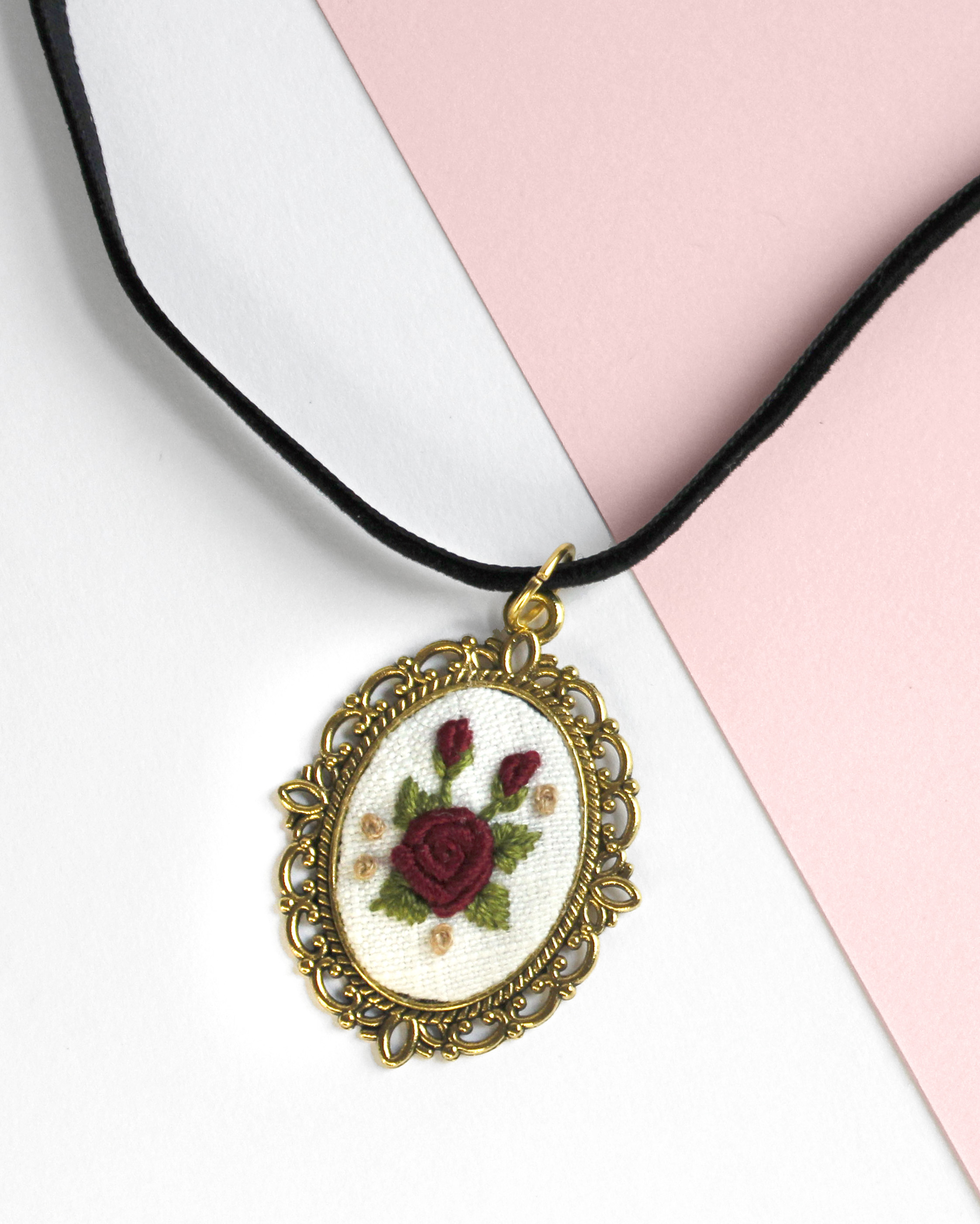 Embroidered Red Rose Choker Necklace