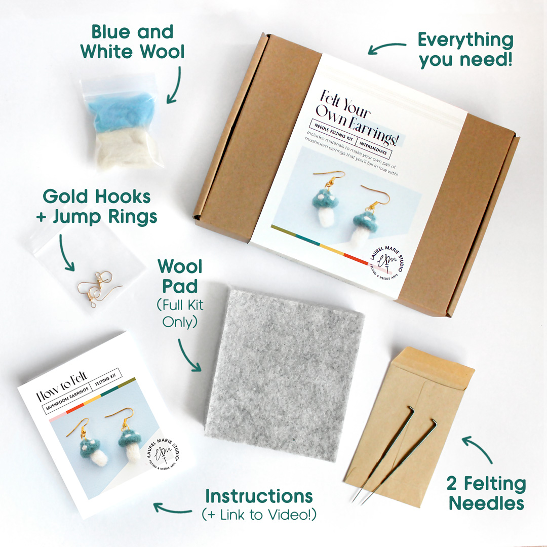 DIY Felting Kit: Blue Mushroom Earrings