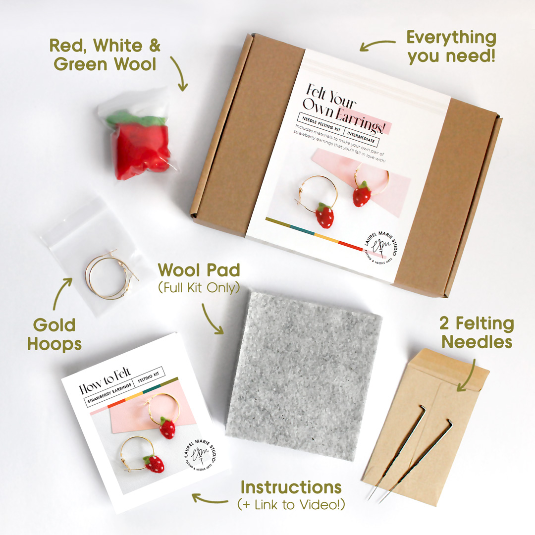 DIY Felting Kit: Strawberry Hoop Earrings