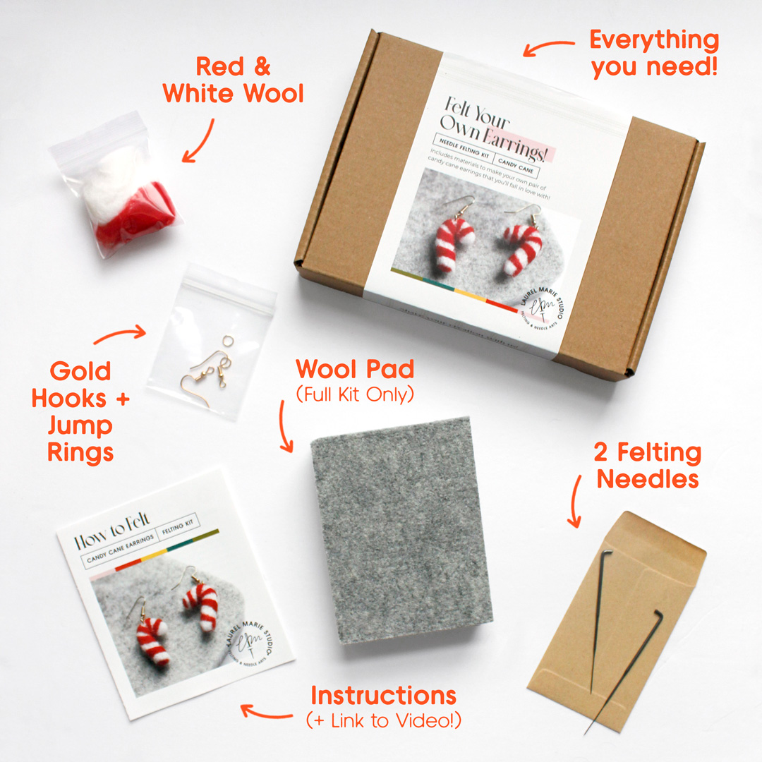 DIY Felting Kit: Candy Cane Earrings
