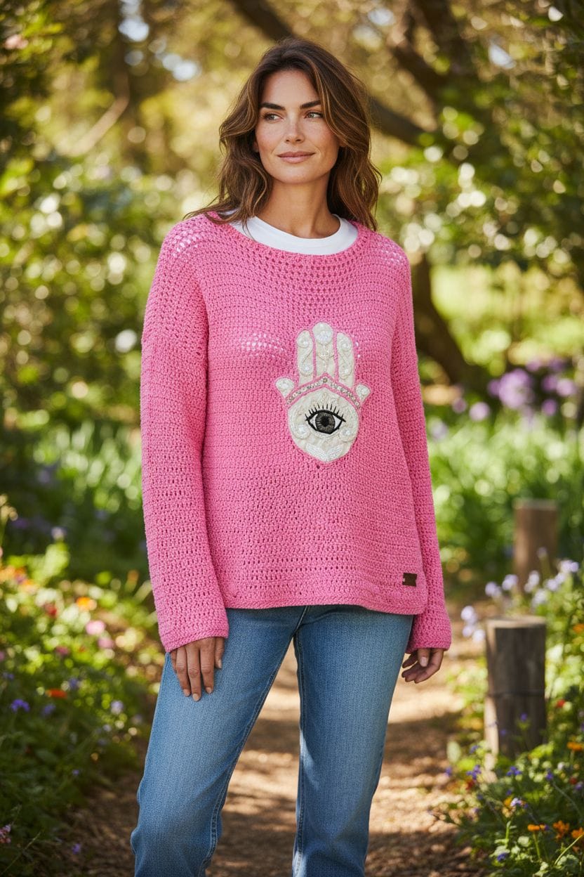 Suéter tejido rosa con diseño de mano y ojo