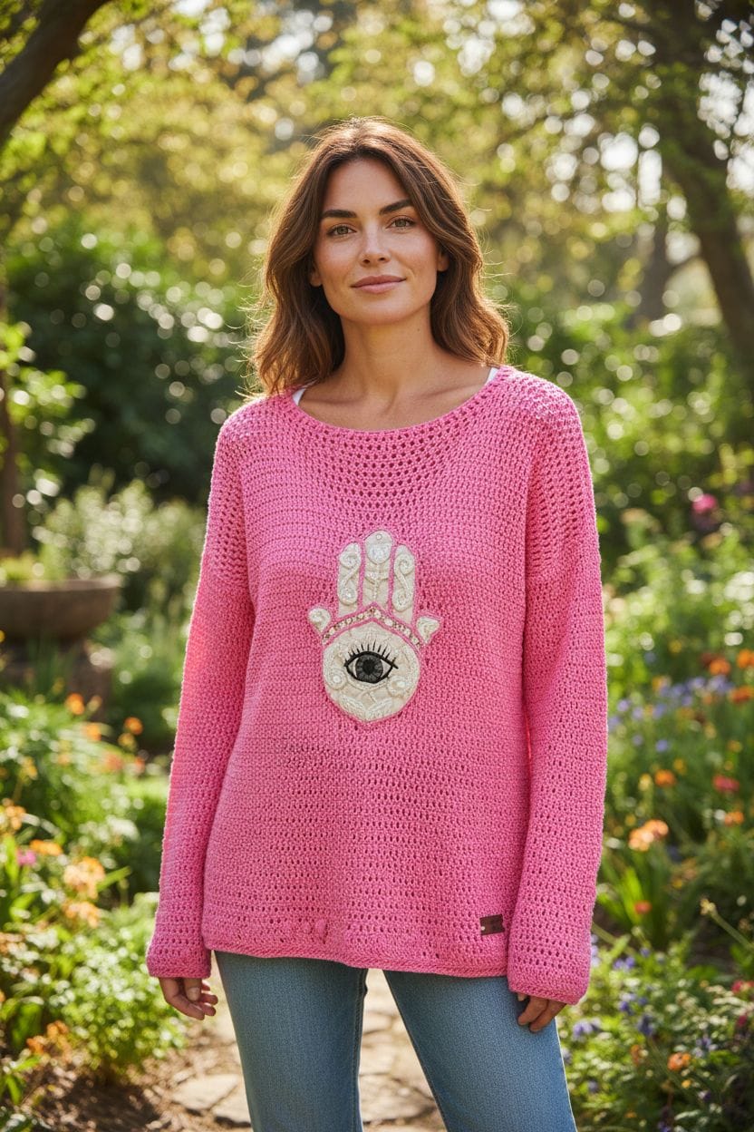 Suéter tejido rosa con diseño de mano y ojo