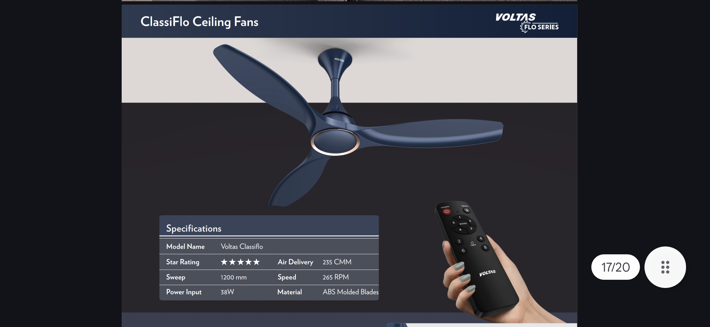 Voltas Ceiling Fan 5 Star ClassiFlo