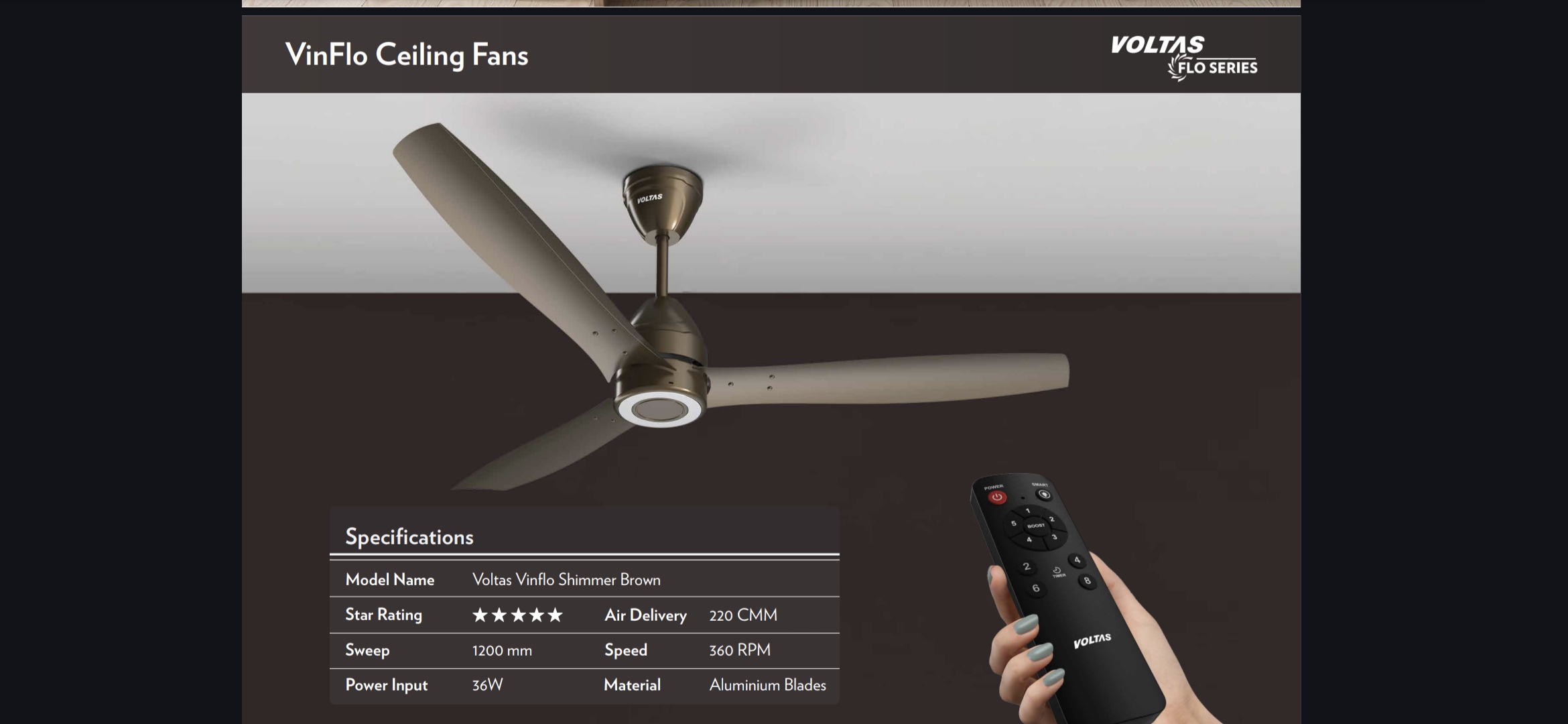 Voltas VinFlo Shimmer Brown Ceiling Fan