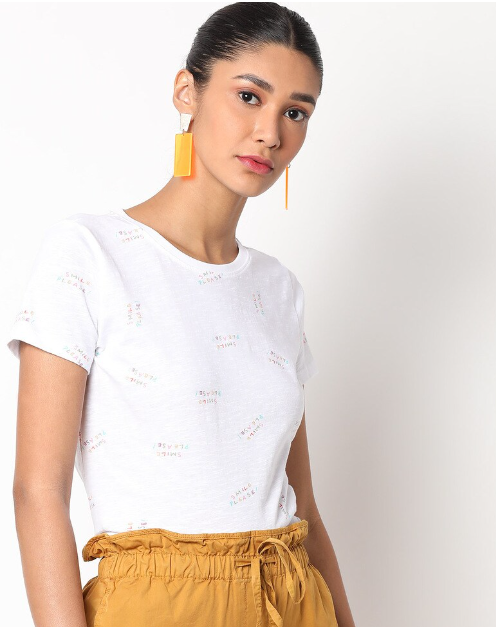 RIO Women's Cotton Typographic Crew-Neck White Crew-Neck H/S T-shirt