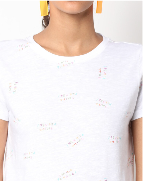 RIO Women's Cotton Typographic Crew-Neck White Crew-Neck H/S T-shirt