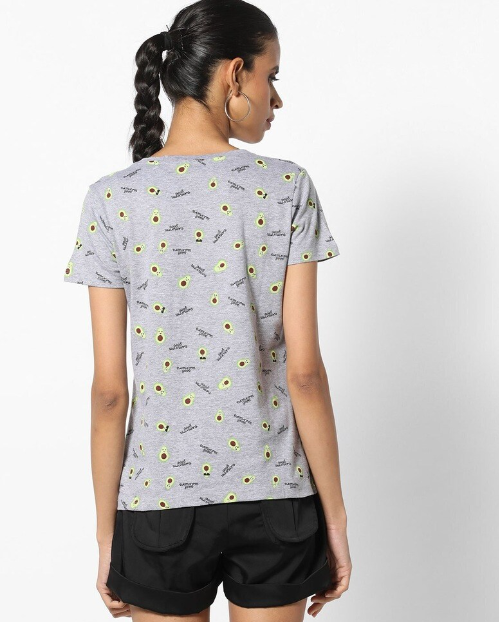 RIO Women's Polyester Printed Regular Fit Round Neck Lgt Gray H/S T- Shirt