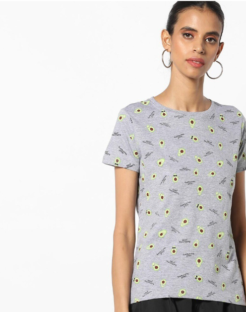 RIO Women's Polyester Printed Regular Fit Round Neck Lgt Gray H/S T- Shirt