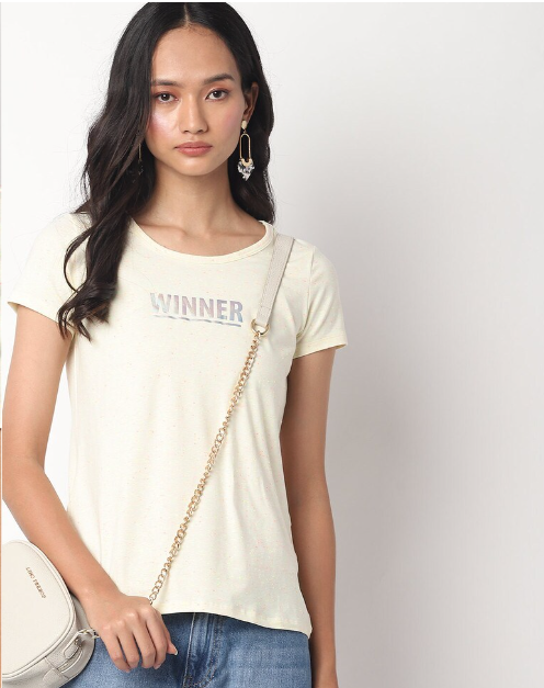 TEAMSPIRIT Women's Cotton Printed Regular Fit Round Neck Winner Lgt Yellow H/S T- Shirt