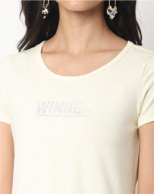 TEAMSPIRIT Women's Cotton Printed Regular Fit Round Neck Winner Lgt Yellow H/S T- Shirt