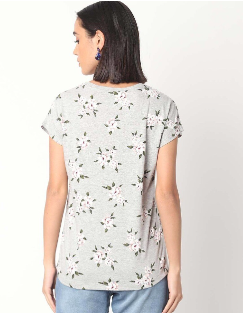 DNMX Women's Cotton Floral Lgt Gray Crew-Neck T-shirt