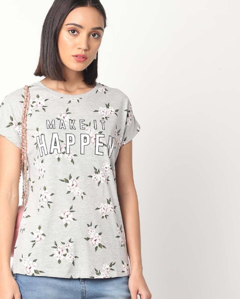 DNMX Women's Cotton Floral Lgt Gray Crew-Neck T-shirt