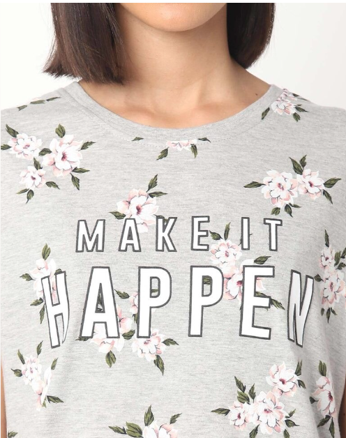 DNMX Women's Cotton Floral Lgt Gray Crew-Neck T-shirt