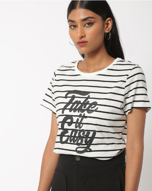 DNMX Women's Cotton Printed Round Neck Black lines T-shirt