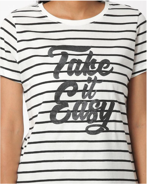 DNMX Women's Cotton Printed Round Neck Black lines T-shirt