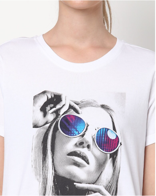 DNMX Women's Cotton Printed Round Neck white H/S T-shirt