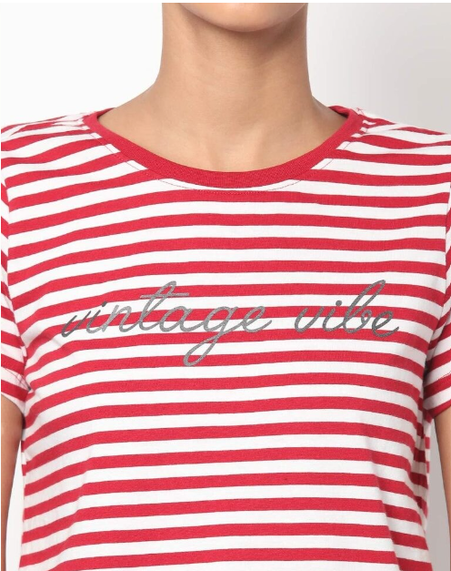 DNMX Women's Cotton Stripes Crew-Neck Red and White H/S T-shirt