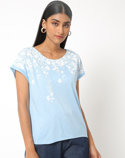 Fig Women's Viscose Printed Round Neck sky blue H/S T-shirt