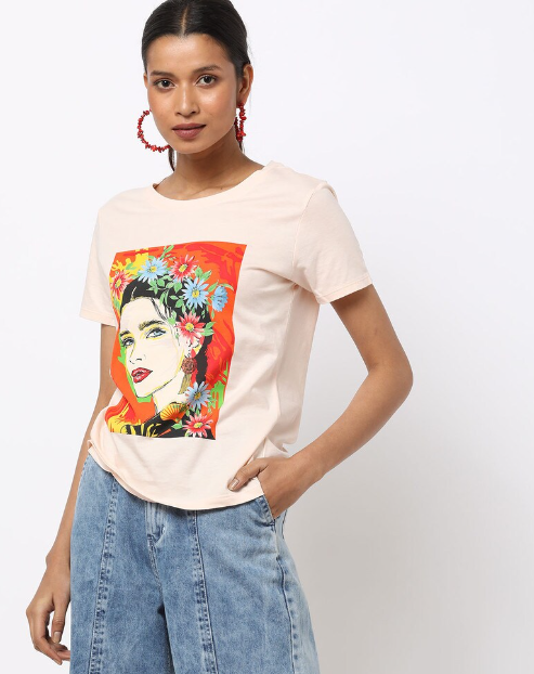 RIO Women's Blend Printed Regular Fit Round Neck Lgt Pink H/S T- Shirt