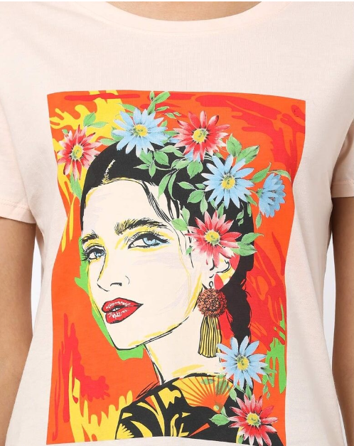 RIO Women's Blend Printed Regular Fit Round Neck Lgt Pink H/S T- Shirt