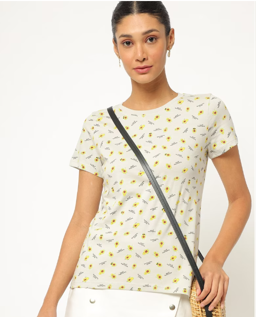 RIO Women's Cotton Printed Crew-Neck Lgt Yellow H/S T-shirt