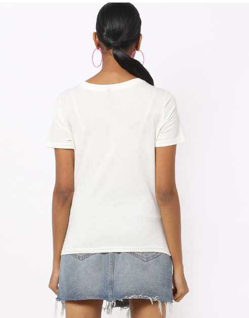 RIO Women's Cotton Printed Regular Fit Round Neck Cream H/S T- Shirt