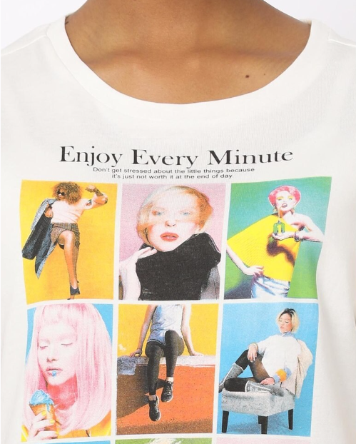 RIO Women's Cotton Printed Regular Fit Round Neck Cream H/S T- Shirt