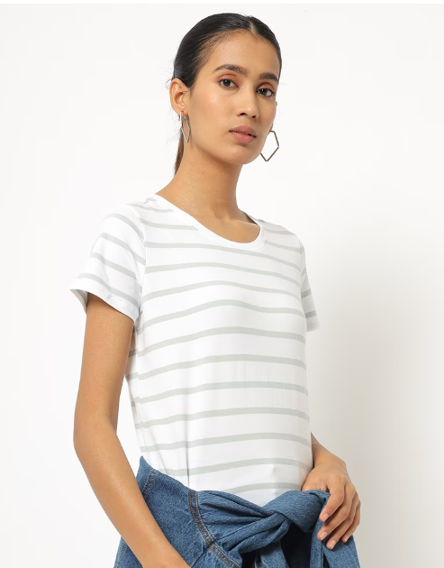 TEAMSPIRIT Women's Cotton Stripes Crew-Neck gray lines H/S T-shirt