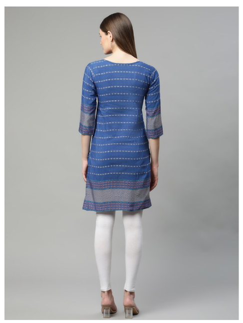 Ishitva Women's Dobby Printed Straight Line Blue Kurta