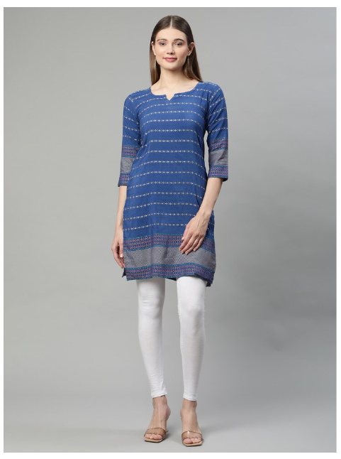 Ishitva Women's Dobby Printed Straight Line Blue Kurta